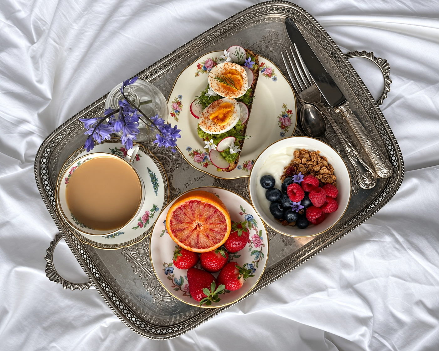 Breakfast tray with soft-boiled eggs on avocado toast, berries, granola, citrus and tea