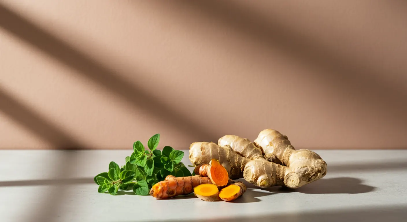 Fresh ginger and turmeric roots on a warm wooden surface