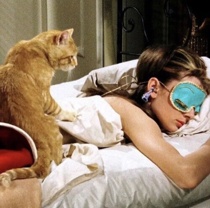 A woman asleep in bed wearing a satin eye mask and ear plugs, a ginger cat perched beside her